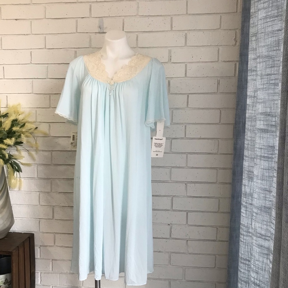 Lingerie Shadowline Nightgown Baby Blue Lace V Neck 1970's Vintage Nylon NEW